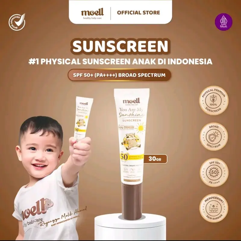 Moell Sunscreen SPF 50+ PA+++ (30 gr). Melindungi kulit dari UVA&UVB kandungan 100% Physical Mineral Sunscreen dan Organic Avocado Oil. Dengan formula Water Resistant. Dapat digunakan oleh remaja dan dewasa 0