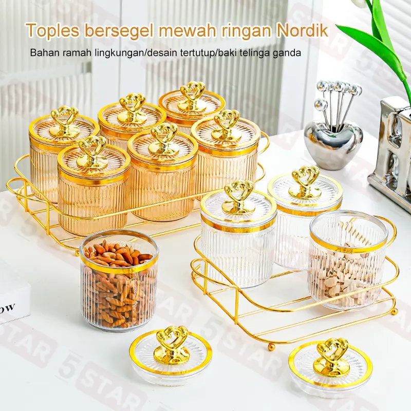 【Flash Sale】5STAR Set Toples Gold & Nampan Mewah - Guci & Kotak Penyimpanan Kue, Camilan, Dapur, Set Tangki Segel Plastik, Desain Elegan untuk Lebaran 5