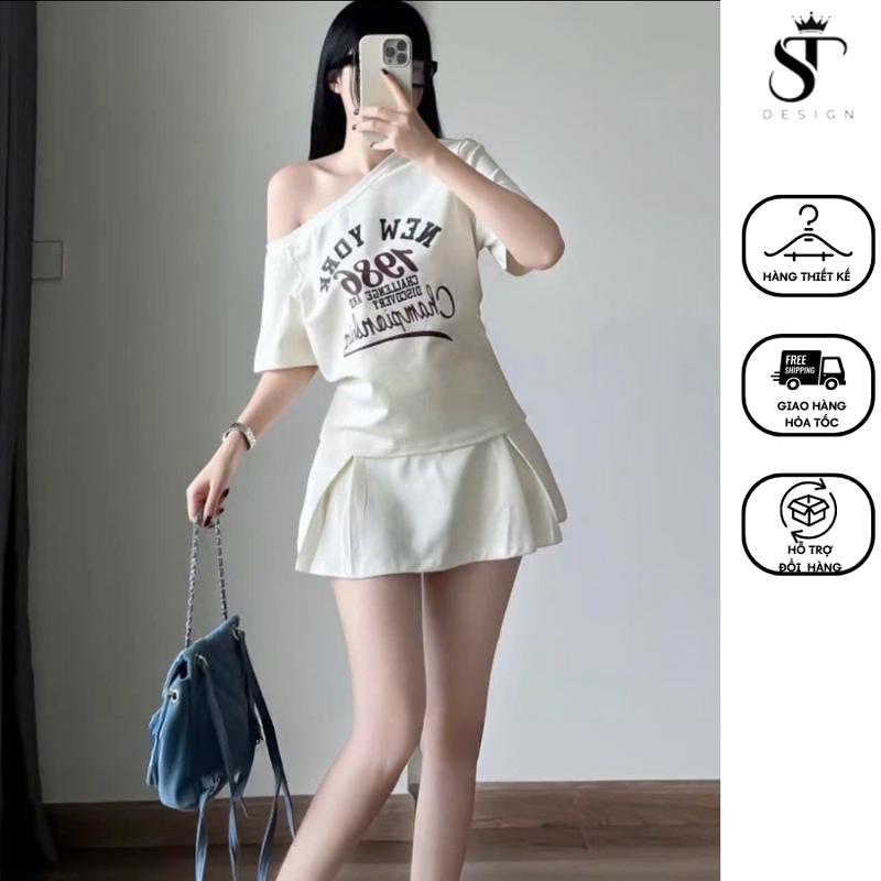 Set cotton QC áo trễ vai + chân váy xếp ly năng động, thiết kế cao cấp - ST Design - B03