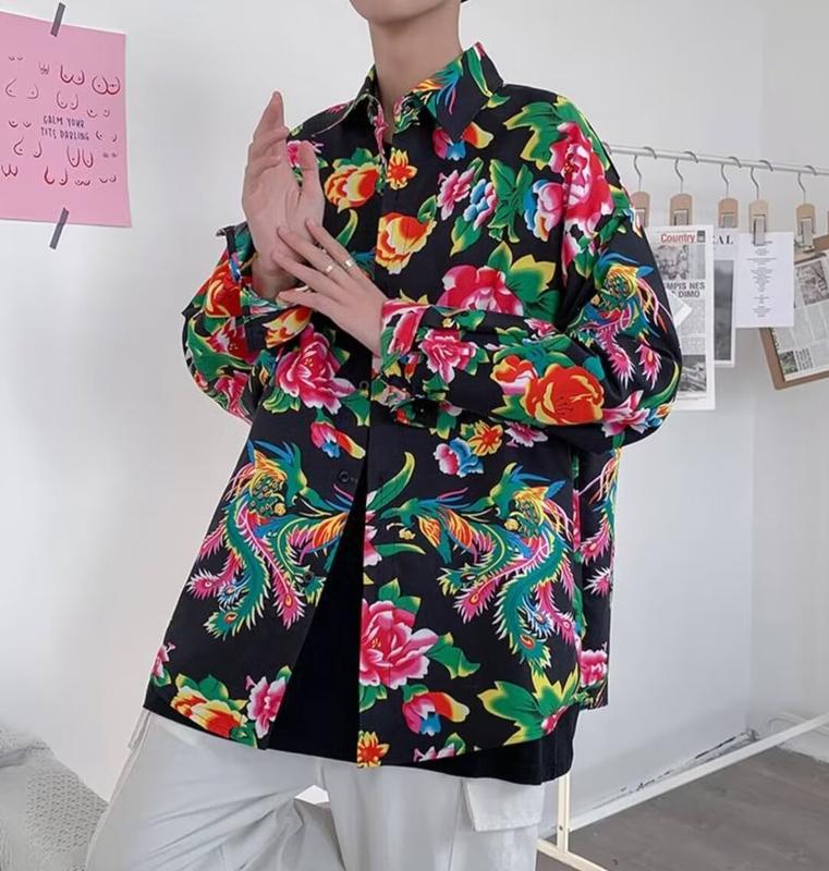 Product Introduction of Men's and Women's Neutral Chinese Style Northeast Big Flower Short-Sleeved Shirt Shirt Coat Ethnic Style Ancient Chinese Clothing Team Uniform 5