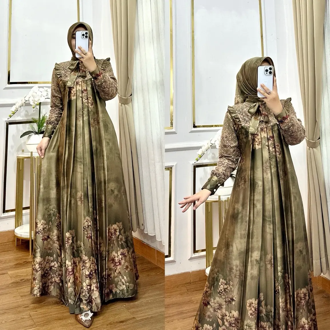 Zona_Busana Gamis Flora Motif Set Hijab Elagan Mewah Terbaru Dress Pesta Wanita Muslim Kekinian