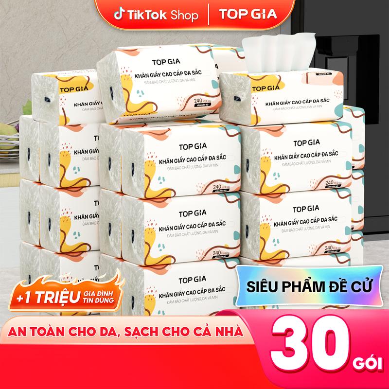 (CHẤT LƯỢNG CAO - GIẤY LỚN) Thùng 30 Gói Giấy Đa Sắc TopGia, Giấy Ăn Cao Cấp Dập Vân 4D, 4 Lớp, Dai, Mềm Mịn. Khăn Giấy Vệ Sinh (VH1)