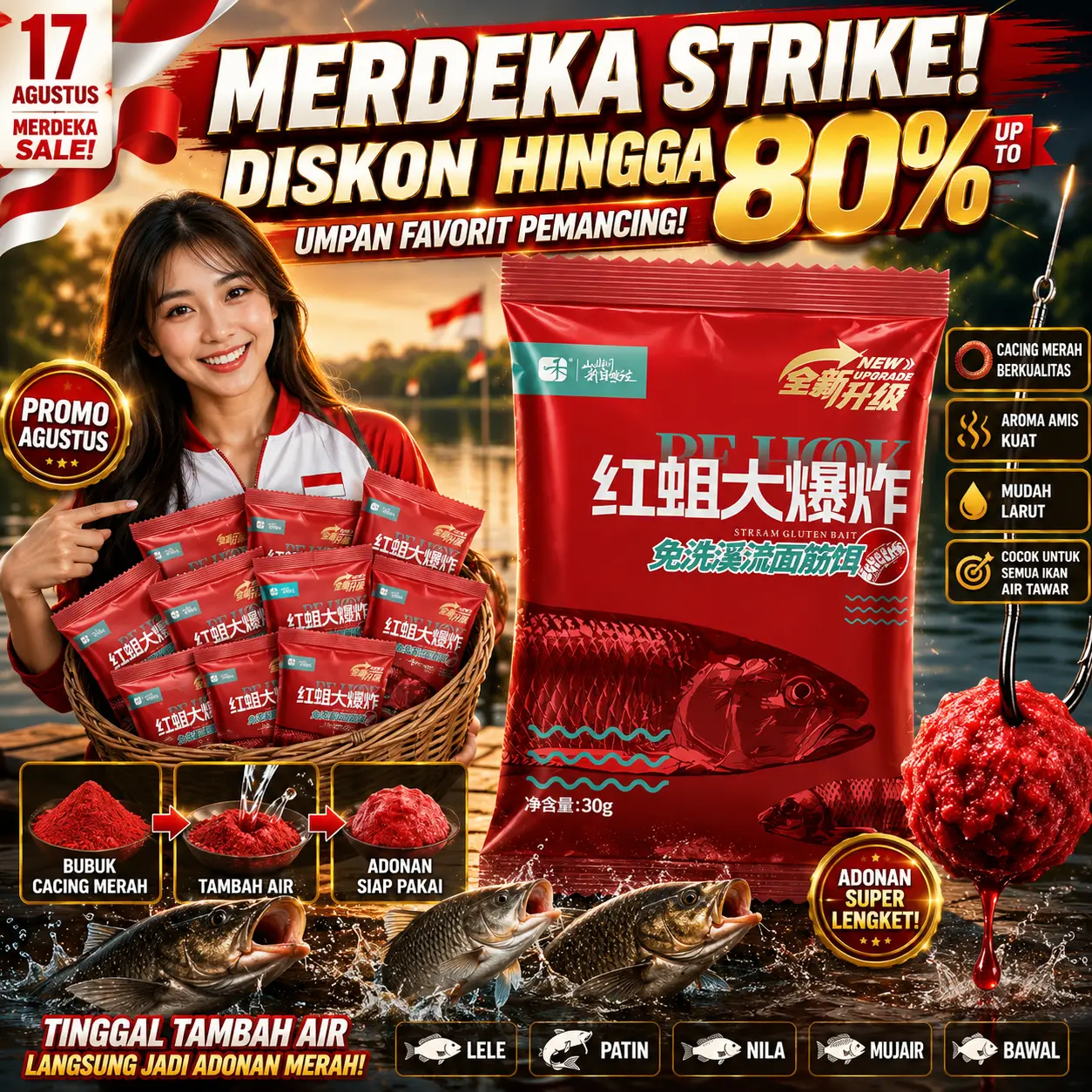 Serbuk Cacing Merah Asli Umpan Pancing Ikan Galatama & Harian, Siap Pakai & Praktis Cocok Untuk Segala Ikan 30g