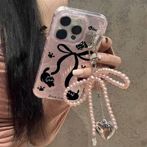 Funda para OPPO Reno 14, 14F, 13, 13F, 12 FS, 10 Pro, 11, 11F, 12F, 6, 5 Lite con diseño de Gato Negro, Moño y Corazón de Amor con Cadena para Niña, Cubierta para Teléfono