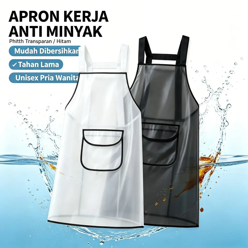 Apron Masak Semi Transparan Ringan Bernapas Tidak Gerah Anti Tumpahan Minyak Air Celemek Apron waterproof PVC Transparan Celemek Seragam Usaha Makanan Panjang Melindungi Celana Ada Kantong HP Pria Wanita Semua Ukuran
