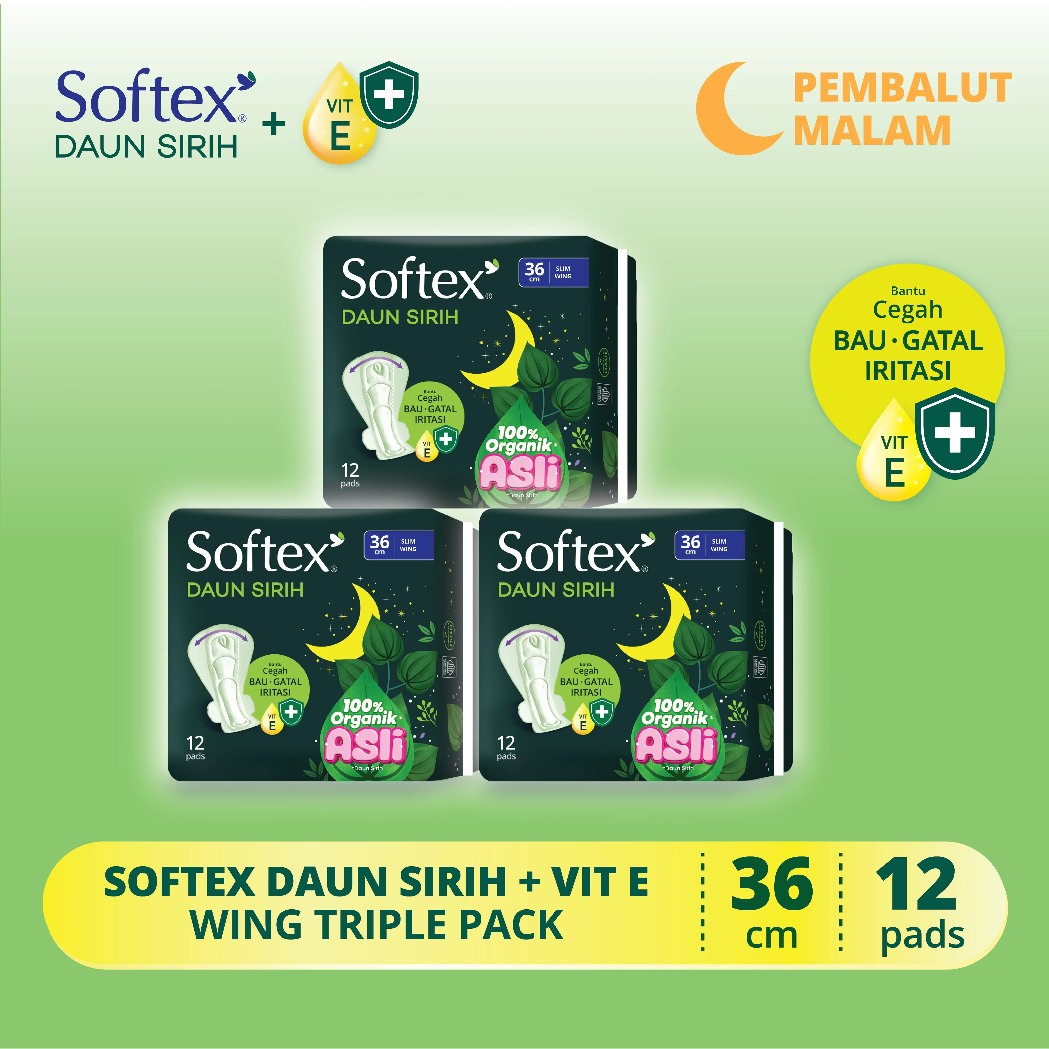 Softex Daun Sirih + Vitamin E 36cm 12s x 3 Pack - Pembalut Daun Sirih Malam