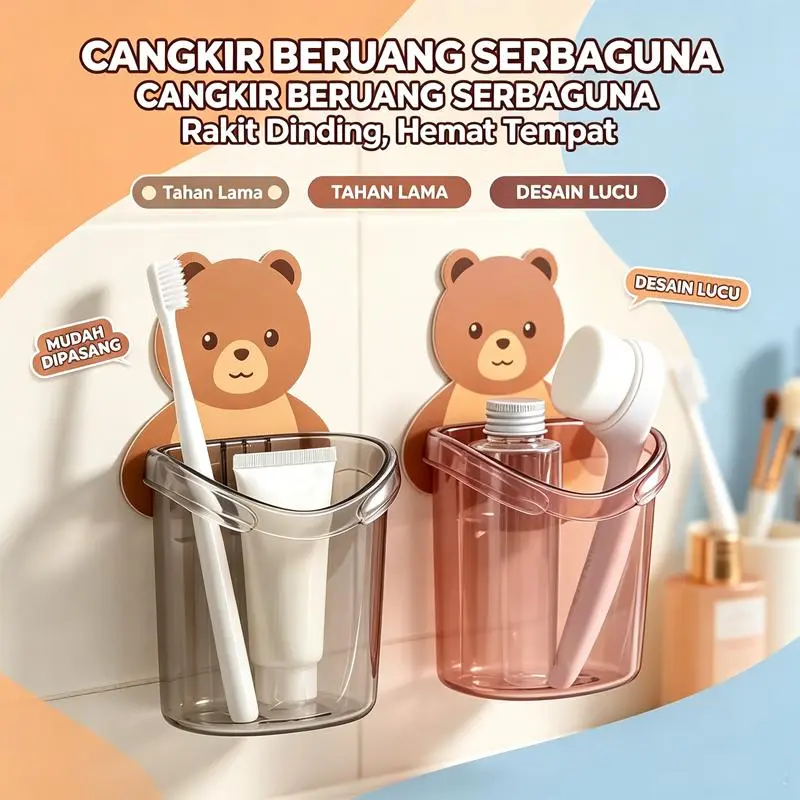 Gelas Sikat Gigi Tempel Dinding Motif Beruang Imut Tanpa Bor, Gelas Kumur Gantung Higienis Anti Genangan Air dengan Rak Sikat Gigi