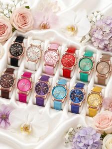 Set de 12 piezas de relojes para mujer de diseño redondo versátil y a la moda, lujo ligero, sensación alta gama, conjunto de temperamento empresarial