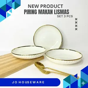 SET 3 PCS Piring Ulir List Gold Keramik Premium Diameter 20 cm Piring Sultan Mewah Murah JJ280