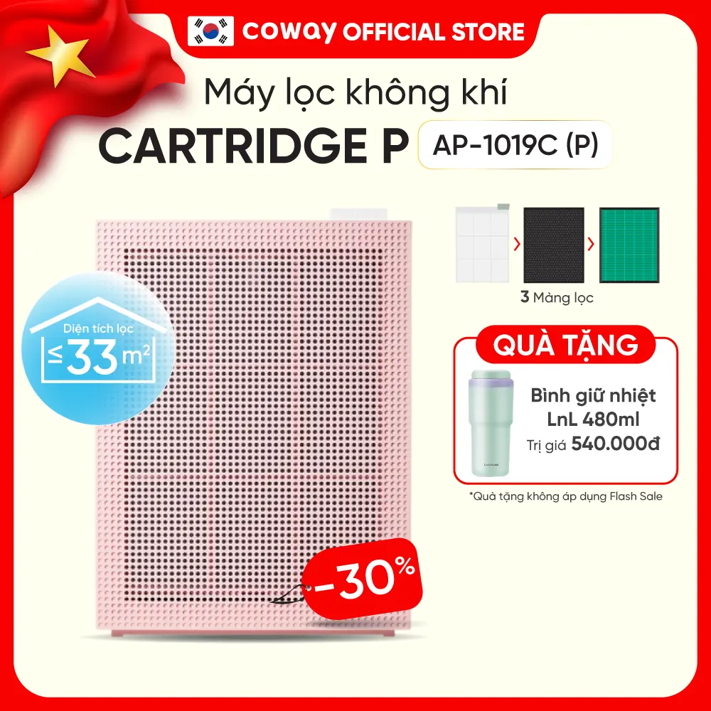 [Toàn quốc] Máy lọc không khí Coway Cartridge Pink AP-1019C (P) | Lọc bụi mịn PM2.5 | Diện tích 33m² | Hàng chính hãng