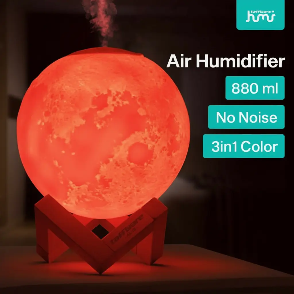 MutiaraMall | Air Humidifier Ultrasonic 3D | Moon RGB Night Cahaya AX | 880ml 35ml 5V 2W 13cm