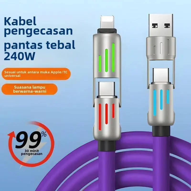 Dải đèn, mới nhất cho năm 2025, Cáp dữ liệu 4 trong 1, Sạc siêu nhanh PD240W, Thích hợp cho iPhone / Type-C, Được làm bằng vật liệu silicon Lỏng cục sạc nhanh 500w dây sạc nhanh type c 2 đầu adapter 12v