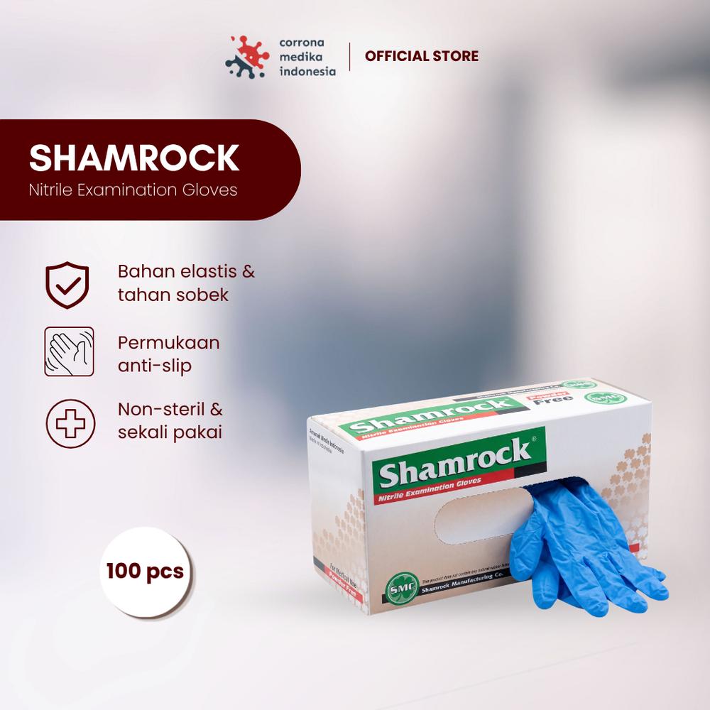 Shamrock Gloves Nitrile Biru Non-Powder 1 Carton / 10 Box | Sarung Tangan MBG Nitril Biru Medis Tebal & Anti Alergi | Latex Free - S