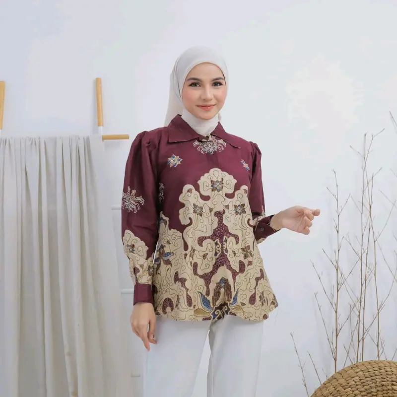 Blus Puff Rempel Batik Wanita Kerah Kemeja M-XXXL Hervifashion Katun 0