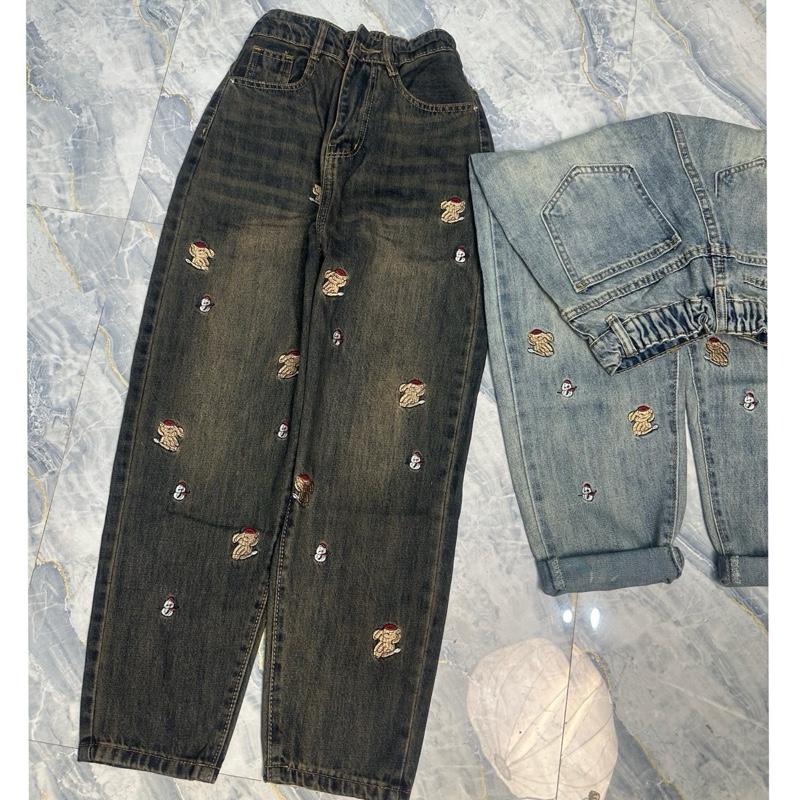 [6621-6622] Quần Jeans Baggy Lưng Chun Thêu Voi, quần jeans baggy cạp cao dáng  BASIC Women Voi Pants, vải xước mềm mịn không co giãn