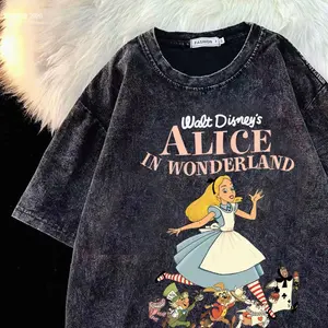 Po floret Washed T-shirt oversize lengan pendek Kaos alice di negeri ajaib katun murni wanita top | Best seller