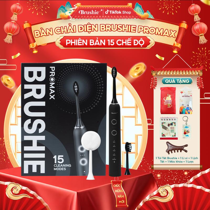   DEAL SIÊU HỜI  Bàn chải điện chải điện Brushie Promax tích hợp máy rửa mặt với 15 chế độ chải linh hoạt - BẢO HÀNH 1000 NGÀY - TẶNG 1 TÚI TẾT MÀU ĐỎ BRUSHIE + 1 LƯỢC MASSAGE NÂU + 1 BỘ 5 LÌ XÌ + 1 LỊCH MINI + 1 MÓC KHÓA TẾT 