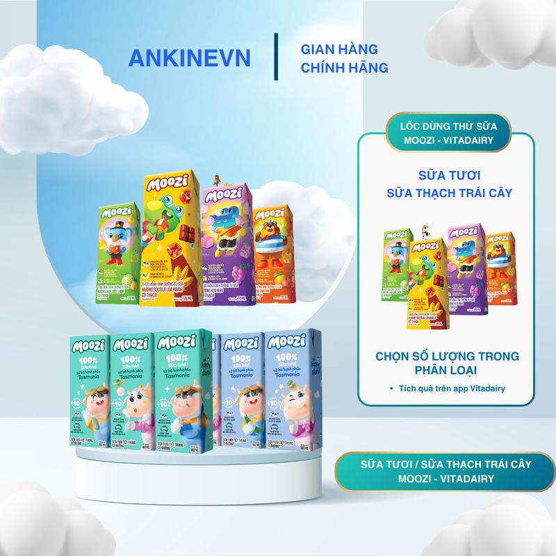 Vitadairy - Lốc dùng thử Sữa tươi/Sữa trái cây thạch Moozi mới, Có đường/Ít đường/Hương dưa lưới/Hương kẹo nho/Socola lúa mạch/Cam đào.