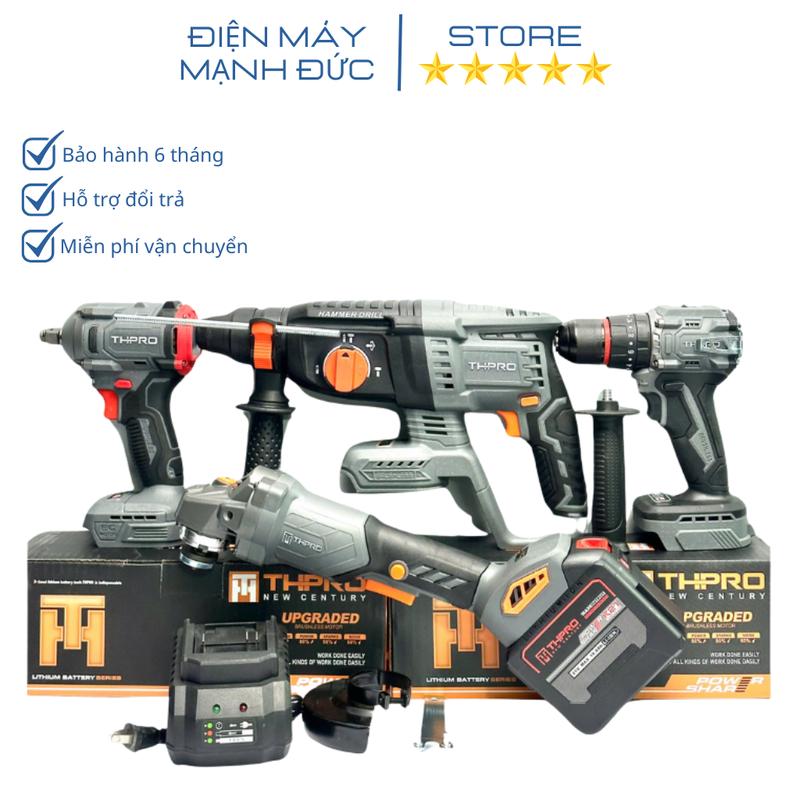 Bộ Combo 4 THPRO Xám Máy Mài Khoan 10ly Siết Khoan Bê Tông 1Pin 20Cell Sạc - Động Cơ Không Chổi Than Chân Pin Phổ Thông