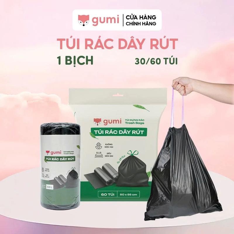 Túi rác Gumi túi đựng rác có dây rút tự phân huỷ bịch size 50x55cm 65*78cm túi đen đựng rác có quai