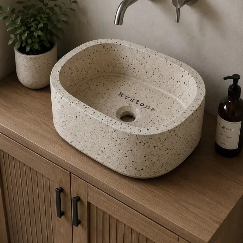 Washtafel terazzo Oval cuci tangan Ukuran 40 x 30 cm motif nuansa bintik hitam