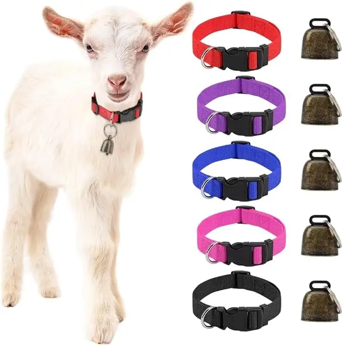 Goat Collar with Bell, 5-Piece Set, Adjustable Nylon Collar Set for Farm Livestock, Sheep Cow Accessories, Anti-lost Loud Copper Bell.