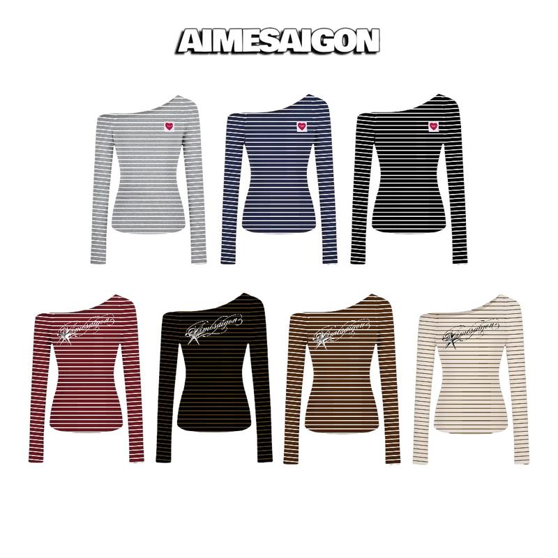 Aimesaigon ÁO THUN LỆCH VAI TAY DÀI HOẠ TIẾT KẺ SỌC ÔM BODY BASIC