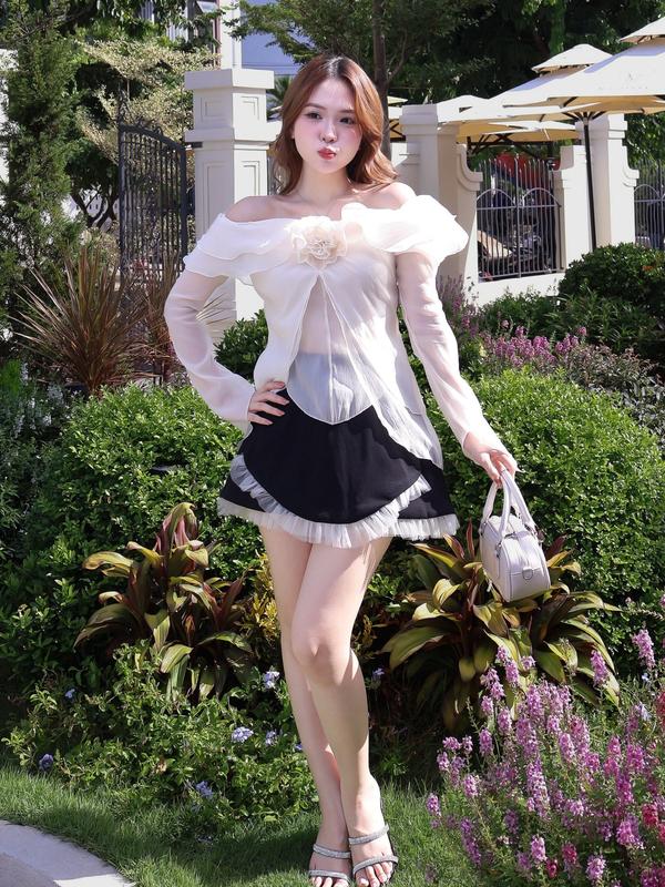 Set áo voan trễ vai đính hoa chân váy bèo lưới Ảnh thật/Sẵn