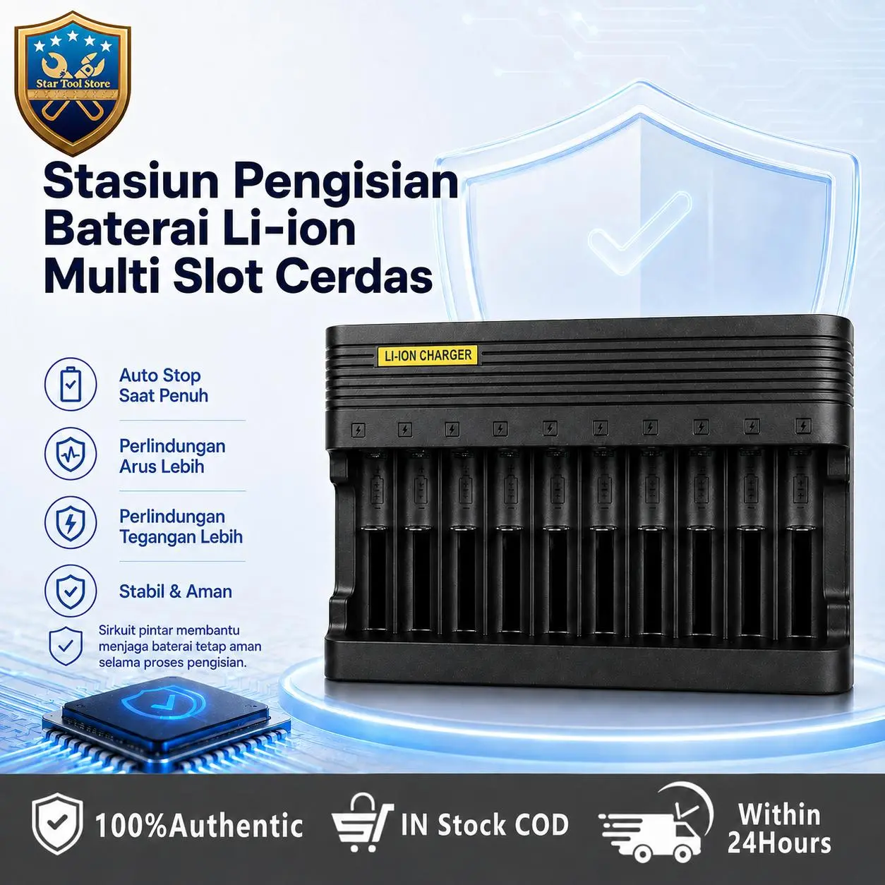 Fast Charging Smart Charger 10 Slot Baterai Lithium Desain Anti Slip Dasar Tidak Mudah Geser Diletakkan Di Meja Kerja Elektronik
