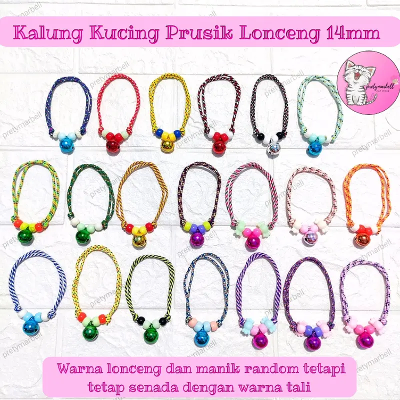 Kalung Prusik Lonceng 14mm Aksesoris Kucing Manik Lucu Murah Warna Warni 1