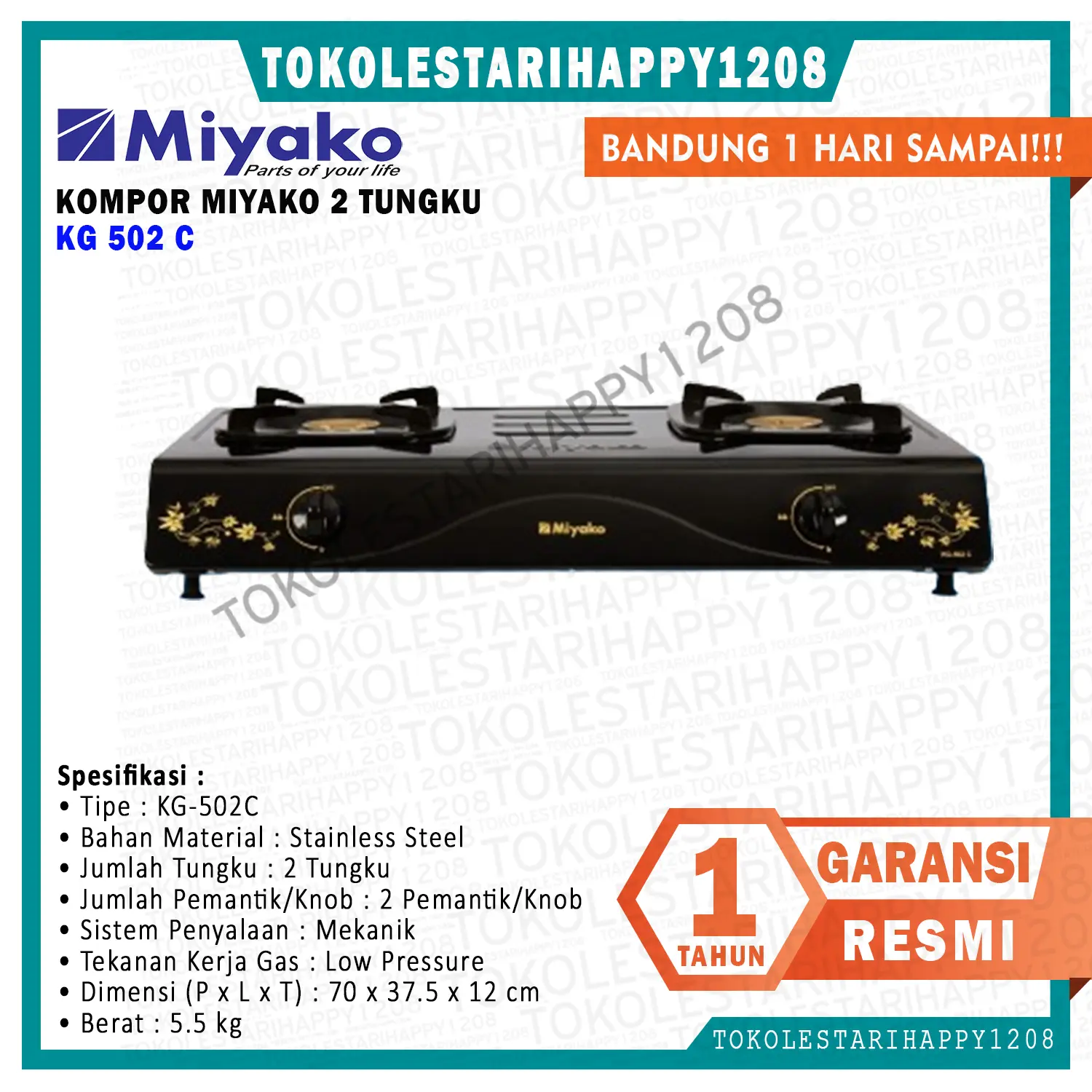 Miyako Kompor Gas 2 Tungku KG 502 C Garansi Resmi