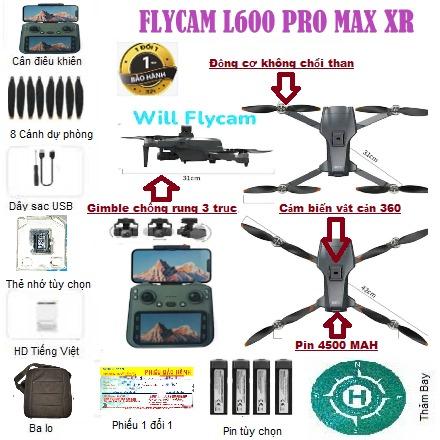 Flycam L600 Pro Max XR -Tay RC Gimble 3 trục có GPS kháng gió mạnh Pin 4500 Mah