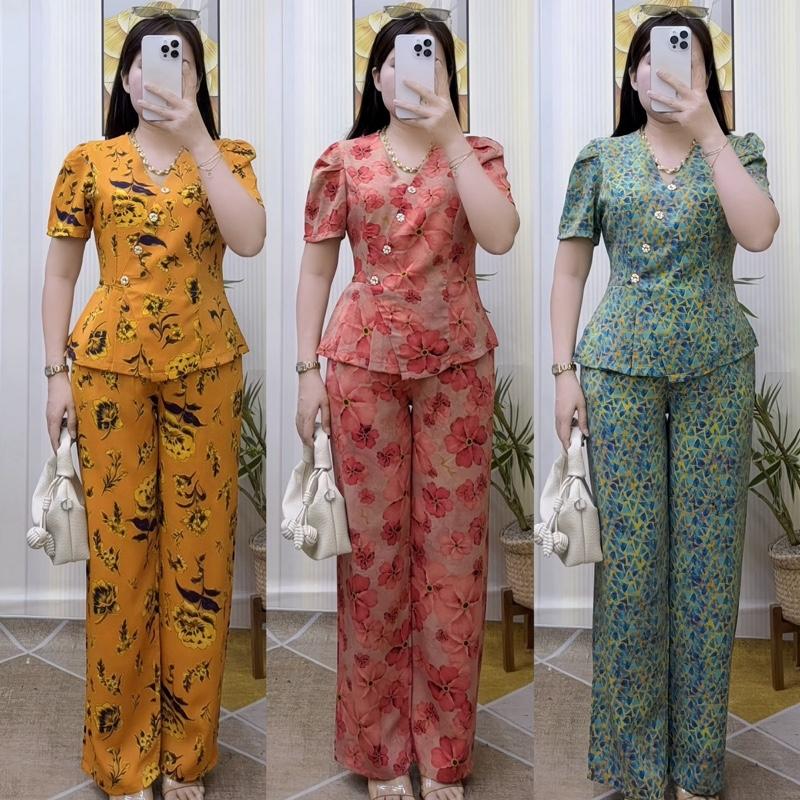   Quần suông_Mẫu mới  Sét bộ thiết kế cổ tim nút xéo lai áo xếp ly chất vải mango mềm mại nữ tính phong cách độc đáo và thời trang 