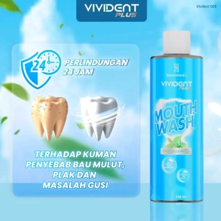 Vivident Plus Mouth Wash - Pembasmi Bakteri & Bau Mulut Vivident Plus Mouth Wash dapat membantu menjaga kesehatan gigi dan mulut dengan segar dan bebas bau mulut. Diformulasikan dengan kandungan antibakteri, Vivident Plus Mouth Wash dapat membantu membasm
