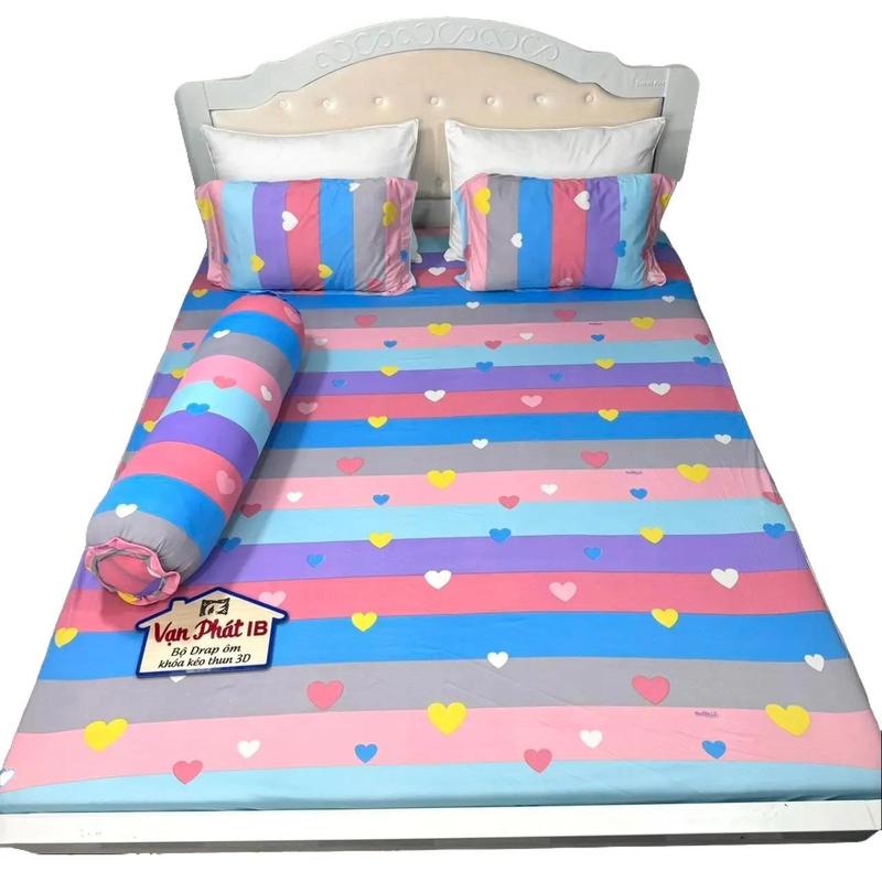 Vạn Phát IB - Sọc tim 7 màu Bộ ga gối vỏ ôm khóa kéo may bít hai đầu Vải thun Hàn Quốc IN 3D mềm mịn thoáng mát không bai màu dễ giặt mau khô