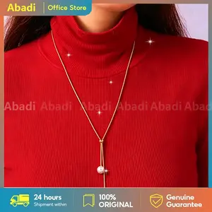 Kalung Wanita Elegan Mutiara Ganda Desain Y Serut Tarik Titanium Anti Pudar Bisa Diatur Panjang