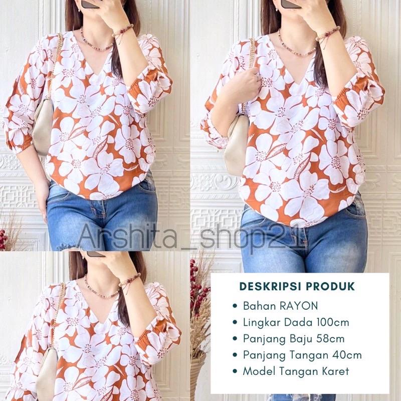 HANA [01] BLOUSE || [B01101] ATASAN WANITA TERLARIS BAHAN RAYON PREMIUM BLOUSE KEKINIAN LEHER V SIMPLE ELEGAN TANGAN 7/8 KARET MOTIF TERBARU