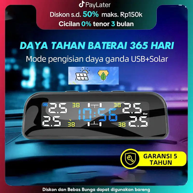 【Free Shipping】TPMS Alarm Pengukur Tekanan Ban Mobil Tire Layar Monitor System LCD Solar Power pemantauan tekanan ban Pentil Indikator Tekanan Ban