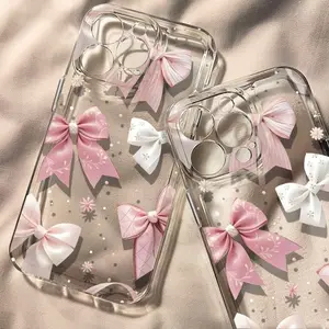 Softcase Busur putih merah muda iphone pola yang jelas Transparan Anti slip asli XR XS Max 7 Plus 8 Plus 11 Pro Max 12 Pr