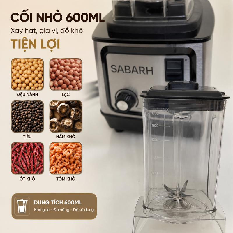 Sabarh Máy Ép Trái Cây Đa Năng 2 Cối 2L & 600ml, 6 Tốc Độ, Công Suất 8500W, Lưỡi Dao 6 Cánh, Chống Tràn, Dễ Vệ Sinh, Tặng Cốc Xay Nhỏ 600ml