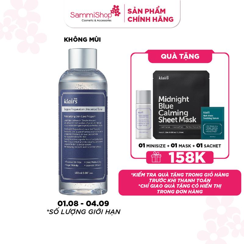 KLAIRS Supple Preparation Unscented Toner 180ml - Nước hoa hồng ( Dưỡng Ẩm Da ) LC