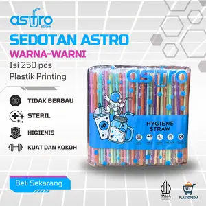 Sedotan Warna Warni Steril Food Grade Tebal Runcing 6mm x 20cm Isi 250 Pcs Plastik Printing
