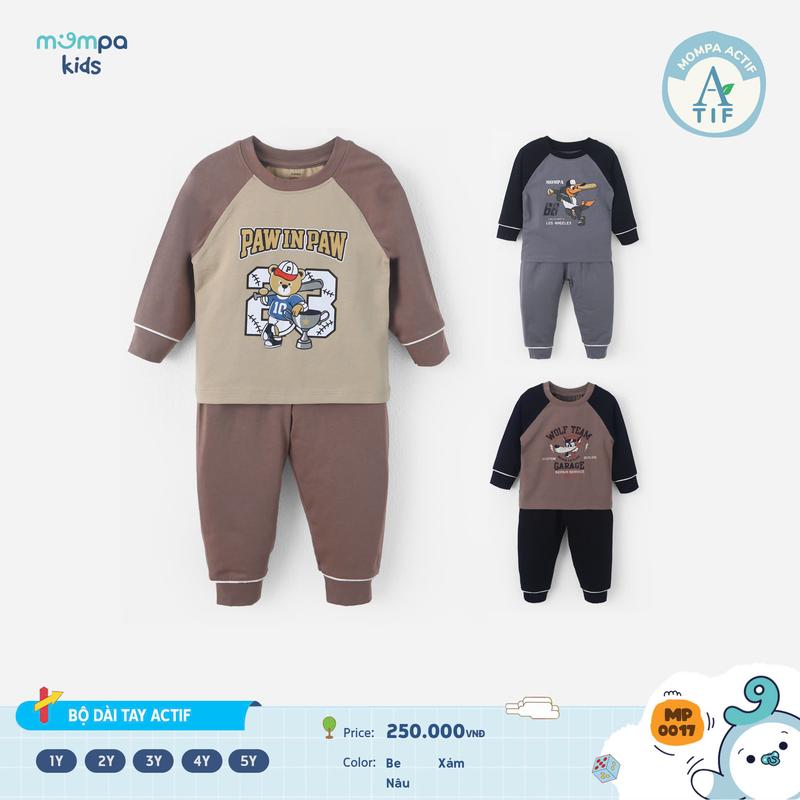 Bộ quần áo dài tay cho bé trai Mompa 1 đến 5 tuổi vải Cotton Actif mềm mại co giãn thấm hút MP 0017 ĐQ