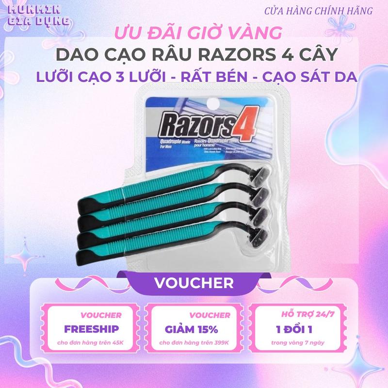 Bộ 4 dao cạo râu 3 ba lưỡi kép cán nhựa 4in1 - Thiết kế lưỡi thông minh, cơ chế đầu dao chuyển động linh hoạt