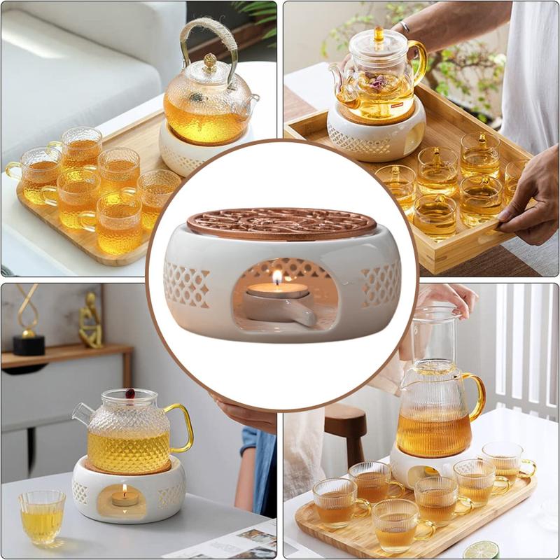 Product Introduction of Teapot Warmer Porcelain Tea Light Heater Tea Light Oven Without Electricity Candles Heating Oven White Teapot Heater Winter Tea Warmer for Home Tea House (with Spoon + Lid) 3