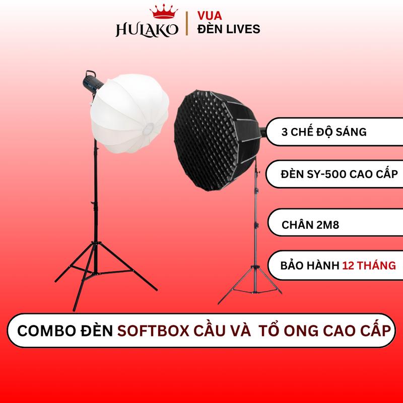 Combo bộ Đèn Chụp softbox Cầu và Tổ ong cung cấp ánh sáng decor phòng, livestream, quay video đèn SY 500W kèm chân cao cấp 2m8 HULAKO