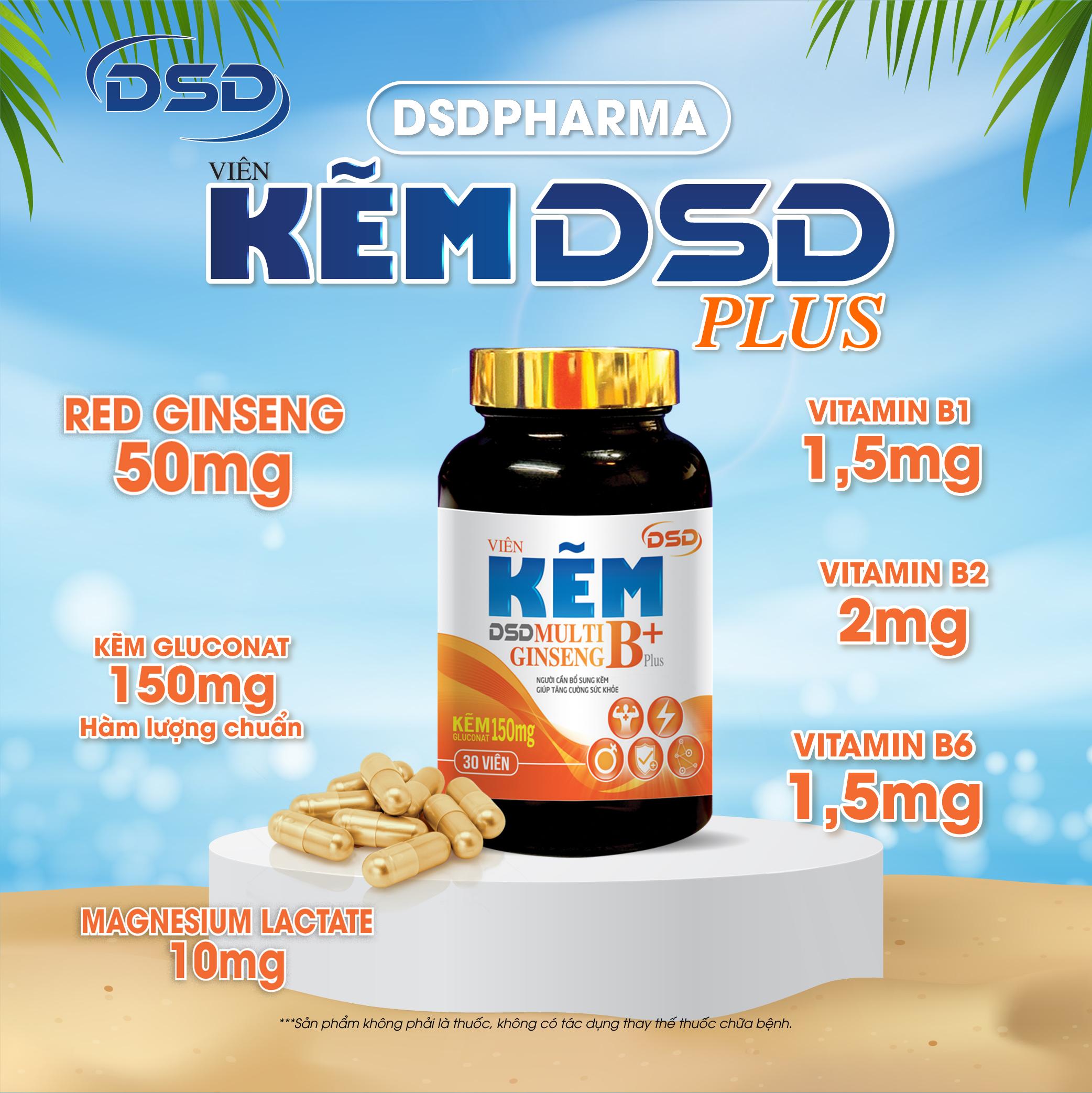 DSDPHARMA Viên Kẽm DSD Plus 60 Ngày Bổ Sung Kẽm 150mg - Bổ Sung Kẽm Biozinc & Vitamin Nhóm B, Nhân Sâm - Hộp 2 Lọ X 30 Viên
