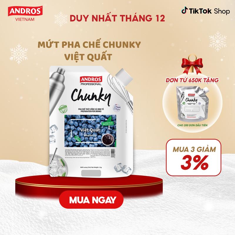  Mứt Trái Cây Pha Chế Việt Quất - Có miếng Trái Cây Thật - Vị Chua Ngọt Tự Nhiên - Nguyên liệu pha chế - ANDROS CHUNKY - 1kg - Foods Topping 
