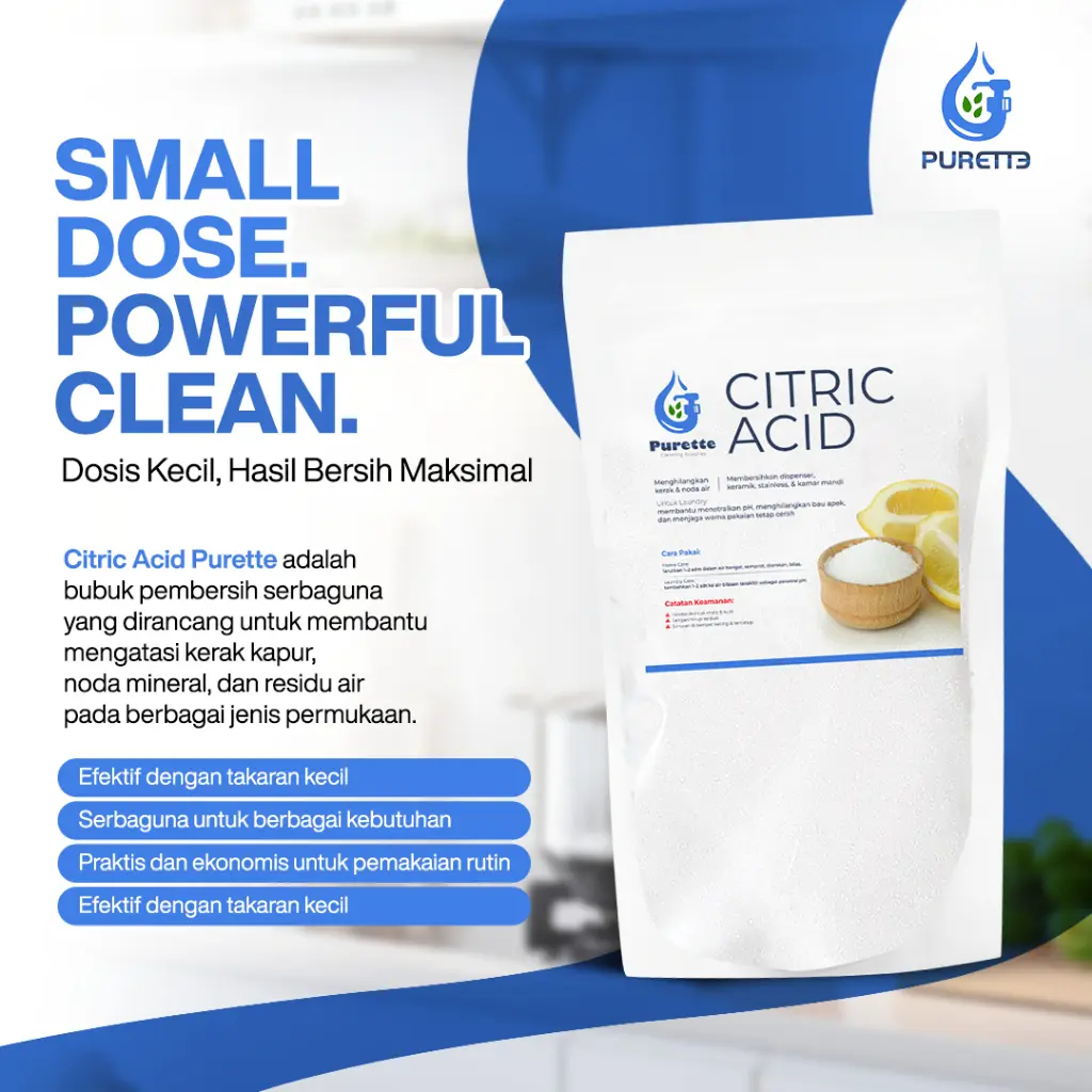 PURETTE Citric Acid 250gr | Bubuk Pembersih Kerak Kapur & Noda Mineral | Multi Purpose Cleaner untuk Kamar Mandi, Dapur, Mesin Cuci & Laundry