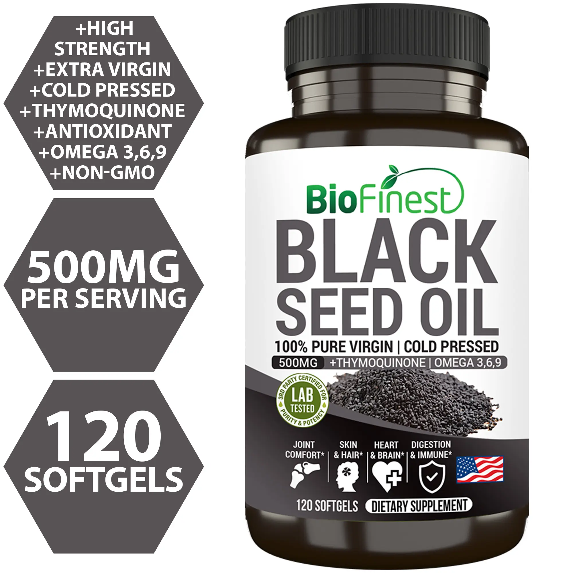 Biofinest Black Cumin Seed Oil 500mg Supplement – Virgin Cold Pressed Nigella Sativa For Hair, Heart & Immune Health (120 Softgels)